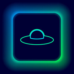 Glowing neon line UFO flying spaceship icon isolated on black background. Flying saucer. Alien space ship. Futuristic unknown flying object. Colorful outline concept. Vector.