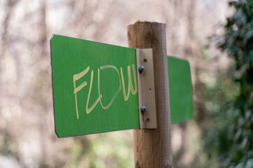 
graffiti says FLOW over the green park sign