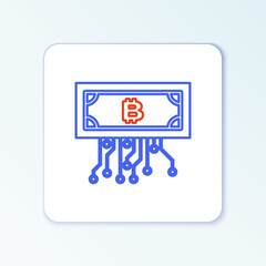 Line Cryptocurrency bitcoin in circle with microchip circuit icon isolated on white background. Blockchain technology, digital money market. Colorful outline concept. Vector.