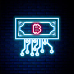Glowing neon line Cryptocurrency bitcoin in circle with microchip circuit icon isolated on brick wall background. Blockchain technology, digital money market. Colorful outline concept. Vector.