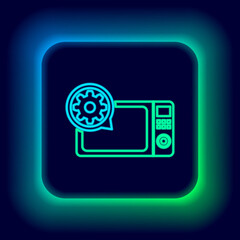 Glowing neon line Microwave oven and gear icon isolated on black background. Adjusting app, service concept, setting options, maintenance, repair, fixing. Colorful outline concept. Vector.