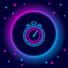 Fototapeta premium Glowing neon line Time management icon isolated on black background. Clock and gear sign. Productivity symbol. Colorful outline concept. Vector.