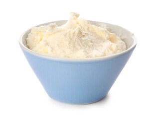 Bowl with tasty cream cheese on white background
