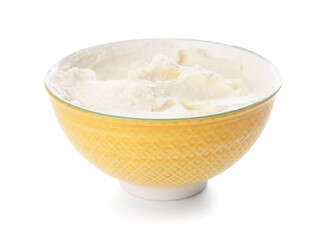 Bowl with tasty cream cheese on white background