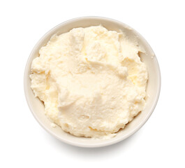 Bowl with tasty cream cheese on white background