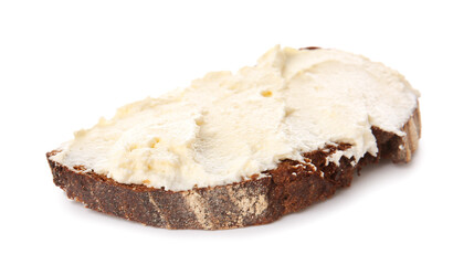 Bread with tasty cream cheese on white background