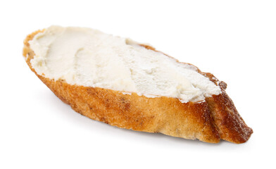 Bread with tasty cream cheese on white background