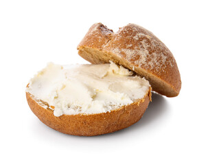 Fresh bun with tasty cream cheese on white background