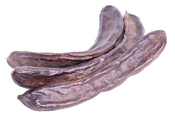 Whole Carob Pods (Ceratonia Siliqua). Full Field of Depth. Isolated on White.