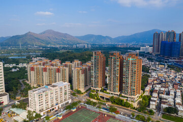 Naklejka premium Drone fly over Hong Kong city