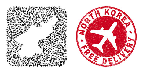 Vector collage North Korea map of air force items and grunge Free Delivery badge. Mosaic geographic North Korea map created as carved shape from rounded square shape using flying out air planes.