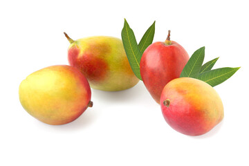 Four red - yellow mango with leaves isolated on white