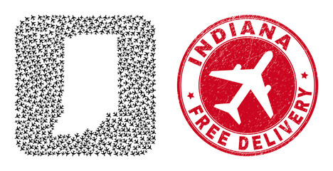 Vector collage Indiana State map of air force elements and grunge Free Delivery badge. Collage geographic Indiana State map constructed as carved shape from rounded square using flying out aircraft.