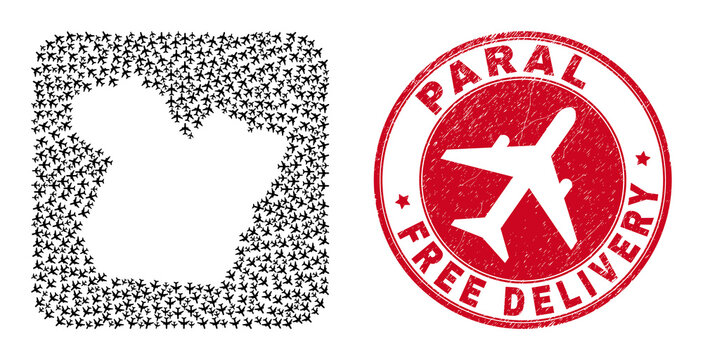Vector collage Paral State map of air plane items and grunge Free Delivery stamp. Collage geographic Paral State map constructed as carved shape from rounded square shape with coming out aeroplanes.
