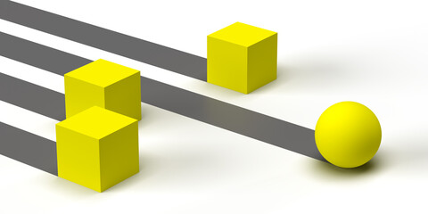 Obraz premium Be different, efficient and authentic concept: 3d rendering grey and yellow geometric shapes with dropped shadow. Diverse and creative sphere standing out. Visualization of Graphic illustration design