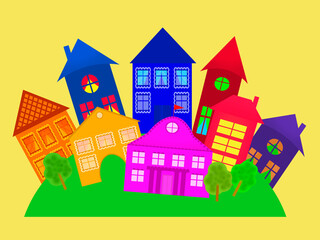 drawn houses of different colors on a yellow background.