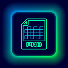 Glowing neon line PNG file document. Download png button icon isolated on black background. PNG file symbol. Colorful outline concept. Vector.