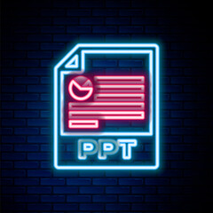 Glowing neon line PPT file document. Download ppt button icon isolated on brick wall background. PPT file presentation. Colorful outline concept. Vector.