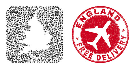 Vector collage England map of air force items and grunge Free Delivery seal. Collage geographic England map designed as subtraction from rounded square shape with shipping airplanes.