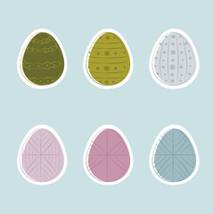 Vector simple Easter eggs. Easter eggs of pastel colors. Easter eggs with modern and traditional ornament. Cute clip art of Easter eggs. Printable for stickers and giftcards.