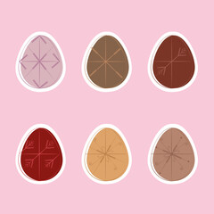 Vector simple Easter eggs. Easter eggs of trendy muted colors. Cute clip art of Easter eggs. Printable for stickers. Easter eggs with traditional decor.