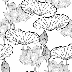 Linear pattern - lotus flower. Lotus flowers pattern. Monotone with drawing line art. Tropical line art background.