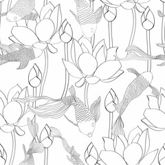Koi carp fish and water lily seamless pattern, japanese pattern. Classical embroidery koi carp, lotuses and leaves.