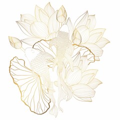 Hand drawn Asian symbols - gold koi carp with lotus and leaves on a white background. - 415529190