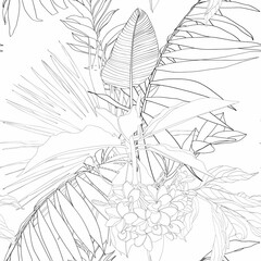 Tropical exotic floral line black white palm leaves and flowers seamless pattern, line background. Exotic jungle wallpaper.	