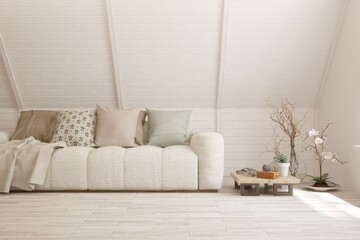 Wooden living room with sofa. Scandinavian interior design. 3D illustration