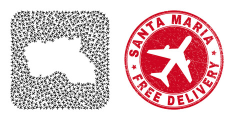 Vector mosaic Santa Maria Island map of airplane elements and grunge Free Delivery stamp.