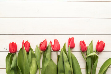 Red tulips over white wooden table background