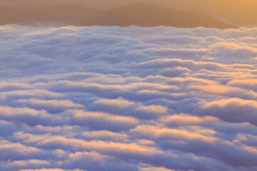 Closeup to sea fog at Sunrise time with sea of fog and clouds with mountain hill at Sri Nan National Park Doi Samer Dao Nan Province Thailand, Asia.