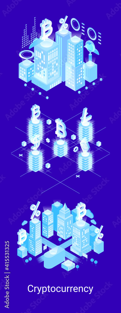 Poster blockchain technology. cryptocurrency marketplace of bitcoin mining farm in smart city. digital clou