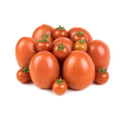 Group of red pear tomato and cherry tomato, isolated on white background. Fruits and vegetables background, copy space.