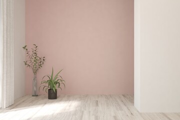 Pink empty room. Scandinavian interior design. 3D illustration