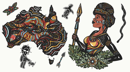 Ethnic Australian woman in traditional costume and map. Australia. Old school tattoo vector collection. Aboriginal tribes.Tradition, people, culture