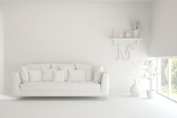 White minimalist living room with sofa. Scandinavian interior design. 3D illustration