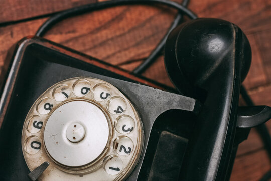retro telephone old technology communication antique wood background