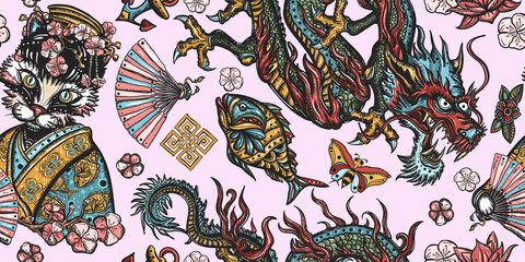 Japanese seamless pattern. Dragons and geisha cat. Ancient China history and culture. Flying snakes, pink fan and sakura flowers. Asian travel background. Funny oriental art