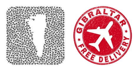 Vector collage Gibraltar map of airplane items and grunge Free Delivery stamp. Collage geographic Gibraltar map designed as subtraction from rounded square shape with coming out jet vehicles.