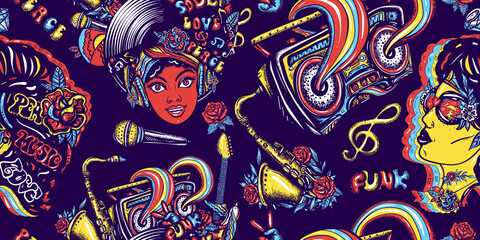 Disco, funk and soul music. Retro musical seamless pattern. African American funky woman. Fashion hippie girl, audio type and rainbow boom box. Lifestyle background. Old school music art