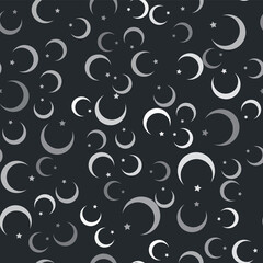 Grey Star and crescent - symbol of Islam icon isolated seamless pattern on black background. Religion symbol. Vector.