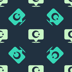 Green and beige Star and crescent - symbol of Islam icon isolated seamless pattern on blue background. Religion symbol. Vector.