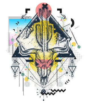 Bull skull, cactus and mountains. Zine culture concept. Hand drawn vector glitch tattoo, contemporary  cyberpunk collage. Vaporwave art. Surreal pop culture style