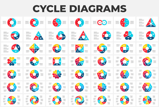 Bundle of cycle elements for infographic. Template for diagram, graph, presentation and chart. Business concept with 3, 4, 5, 6, 7 and 8 options, parts, steps or processes.