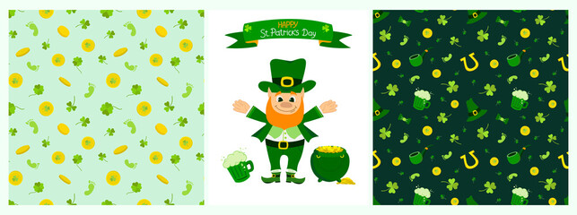 Set of elements of vector design of St. Patrick's Day with two seamless patterns on a green background and a banner with a leprechaun and a pot of gold, clover, St. Patrick's Day inscription
