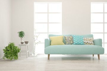 White living room with sofa. Scandinavian interior design. 3D illustration