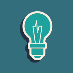 Green Light bulb with concept of idea icon isolated on green background. Energy and idea symbol. Inspiration concept. Long shadow style. Vector.