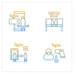 Airport new normal gradient icons set.Consists of limit space, contactless ticket, screening.Safe rules concept.Isolated vector illustrations.Suitable to banners, mobile apps and presentation